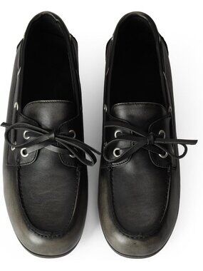 Women's Black Leather Comfortable Bow Lace Loafer Slip On Casual Flat Boat Shoes